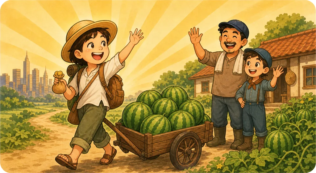 A boy setting off down a dirt road towards the city, pulling a cart of watermelons, waved off by his brother and a younger child at the family farm